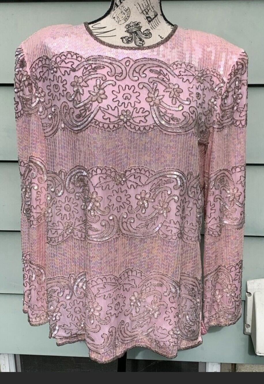 Vintage Talbots Joan Leslie Pink 100% Silk heavily beaded long sleeve blouse